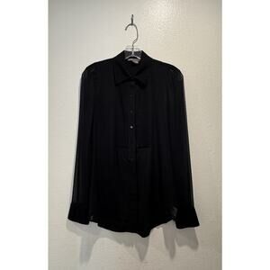 Vince Women’s Size 2 Black Tuxedo Sheer Panel Long Sleeve Blouse Silk Blend City